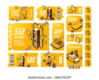 Isometric discount coupons for free oil change, tear-off gift vouchers for car service, off price certificates with gas station and coins, 3d vector line art tickets, offer for vehicle maintenance set svg