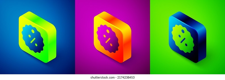 Isometric Discount percent tag icon isolated on blue, purple and green background. Shopping tag sign. Special offer sign. Discount coupons symbol. Square button. Vector