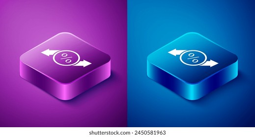 Isometric Discount percent tag icon isolated on blue and purple background. Shopping tag sign. Special offer sign. Discount coupons symbol. Square button. Vector Illustration