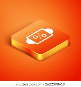 Isometric Discount percent tag icon isolated on orange background. Shopping tag sign. Special offer sign. Discount coupons symbol.  Vector Illustration