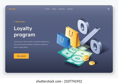 Isometric discounts, shopping bags and money. Landing page template.