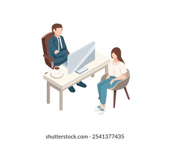 Isometric discussion between two people in a private office, representing communication, interviews, and corporate environment. Ideal for business, HR, and consulting visuals. Vector illustration.