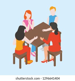 Isometric discussion class. Students have conversation. Business team speaks about work. Friends chatting. English speaking club