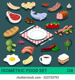 Isometric dish Food plate fish meat Elements Street Diet 3D Flat Vector Icon Set Isometric Restaurant street food Infographic Concept Template Coffee Shrimp plate Chilly Tomato collection meal set