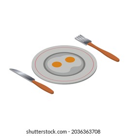 isometric dish of fried eggs on a white plate with fork and knife. vector illustration