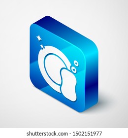Isometric dish washing icon isolated on white background. Plate and sponge. Cleaning dishes icon. Dishwasher sign. Clean tableware sign. Blue square button. Vector Illustration