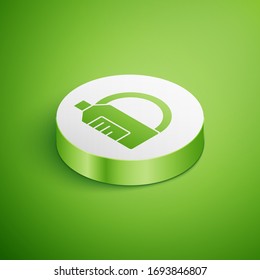 Isometric Dishwashing liquid bottle and plate icon isolated on green background. Liquid detergent for washing dishes. White circle button. Vector Illustration