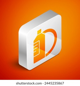 Isometric Dishwashing liquid bottle and plate icon isolated on orange background. Liquid detergent for washing dishes. Silver square button. Vector Illustration