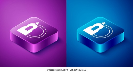 Isometric Dishwashing liquid bottle and plate icon isolated on blue and purple background. Liquid detergent for washing dishes. Square button. Vector