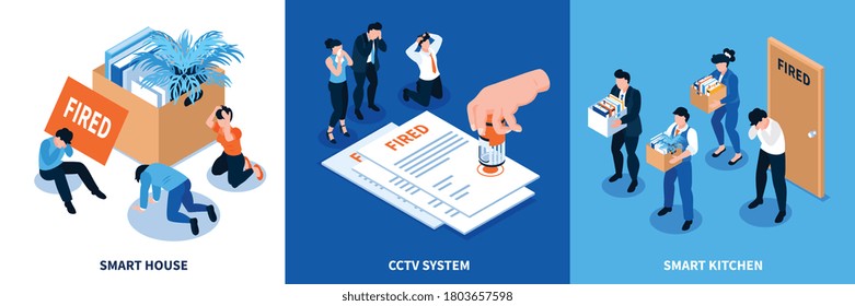 Isometric dismissal design concept with set of three square compositions with text and characters of workers vector illustration