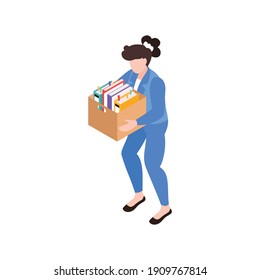 Isometric dismissal fired need job composition with character of redundant woman with box of items vector illustration