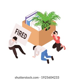 Isometric dismissal fired need job composition with cardboard box with workplace items and people vector illustration