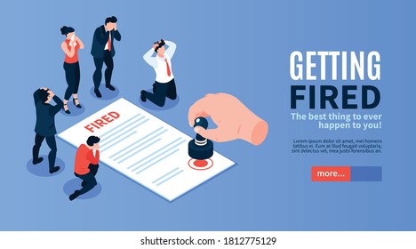 Isometric dismissal horizontal banner with editable text slider button and group of sad workers with contract vector illustration