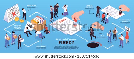 Isometric dismissal infographics with editable text captions arrows and human characters of retired workers with paperwork vector illustration
