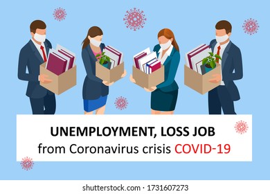 Isometric dismissal, severance, termination in case. Economic crisis caused by coronavirus. Unemployment, jobless and employee job reduction metaphor.