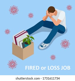 Isometric dismissal, severance, termination in case. Economic crisis caused by coronavirus. Unemployment, jobless and employee job reduction metaphor.