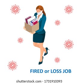 Isometric dismissal, severance, termination in case. Economic crisis caused by coronavirus. Unemployment, jobless and employee job reduction metaphor.