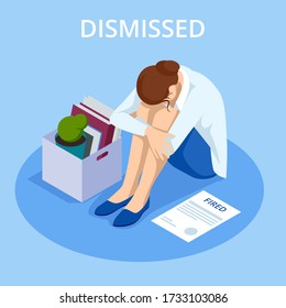 Isometric dismissed frustrated business person holding a box with his things. Unemployment, crisis, jobless and employee job reduction