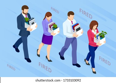 Isometric dismissed frustrated business person holding a box with his things. Unemployment, crisis, jobless and employee job reduction