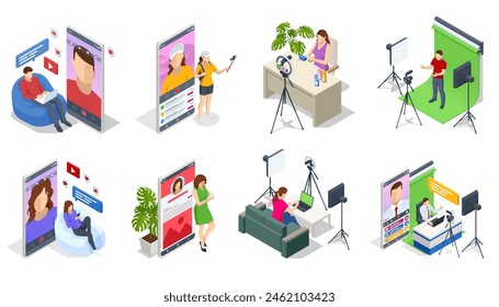 Isometric Display of camera recording video blog for blogger woman or man at home studio. Influencer vlogger. Video channel online. Online education