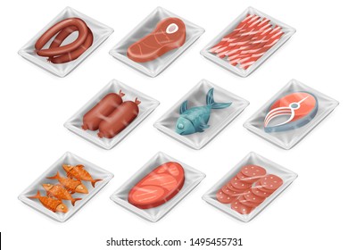 Isometric disposable food pack meat fish sausage bacon tenderloin isolated package mockup box design set vector illustration