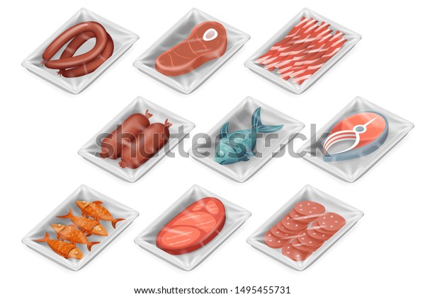 アイソメの使い捨て食品パック肉魚ソーセージベーコンテンダーロイン分離型パッケージモックアップボックスデザインセットベクターイラスト のベクター画像素材 ロイヤリティフリー