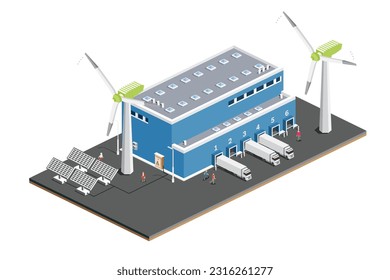 Isometric Distribution Logistic Center with Solar Panels with Wind Turbines. Warehouse Storage Facilities with Trucks. Vector Illustration. Loading Discharging Terminal. Green Eco Friendly House.