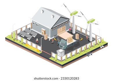 Centro Logístico de Distribución Isométrica con paneles solares y turbinas eólicas. Almacenes de almacén con camiones. Ilustración vectorial. Cargando Terminal de descarga. Casa Ecológica Verde.