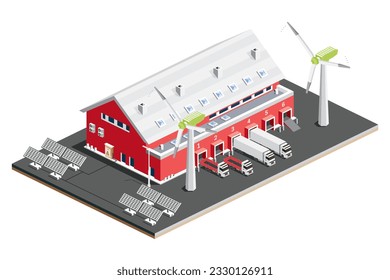 Isometrisches Verteilungslogistikzentrum mit Solarpaneelen mit Windturbinen. Lagerräume mit LKWs. Vektorgrafik. Entladeterminal wird geladen. Green Eco Friendly House.