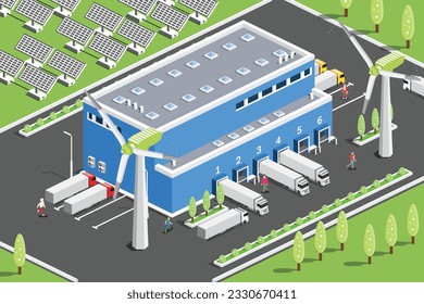 Isometrisches Verteilungslogistikzentrum mit Solarpaneelen und Windturbinen. Lagerräume mit LKWs. Vektorgrafik. Bäume und Grüngras. Green Eco Friendly House.