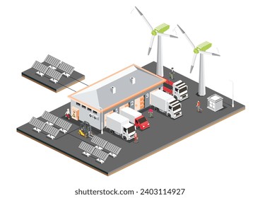 Isometric distribution logistic center with solar panels and wind turbines. Warehouse storage facilities with trucks isolated on white background. Vector illustration. Loading discharging terminal.