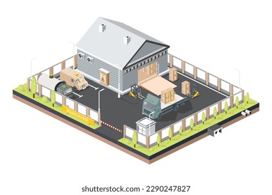 Isometric Distribution Logistic Center. Warehouse Storage Facilities with Trucks. Vector Illustration. Loading Discharging Terminal.