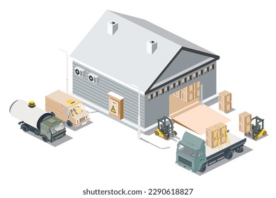 Isometric Distribution Logistic Center. Warehouse Storage Facilities with Trucks Isolated on White Background. Vector Illustration. Loading Discharging Terminal.