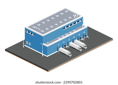 Isometric Distribution Logistic Center. Warehouse Storage Facilities with Trucks Isolated on White Background. Vector Illustration. Loading Discharging Terminal.