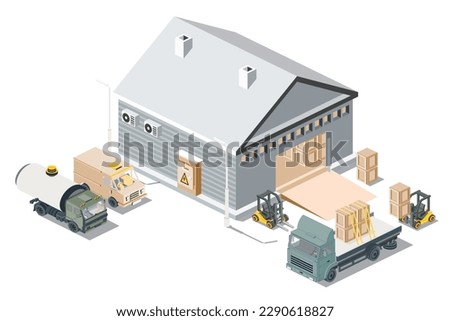 Isometric Distribution Logistic Center. Warehouse Storage Facilities with Trucks Isolated on White Background. Vector Illustration. Loading Discharging Terminal.