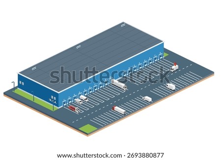 Isometric distribution logistics center with trucks and delivery vans. Warehouse, cargo transport, and freight management concept. Vector illustration.