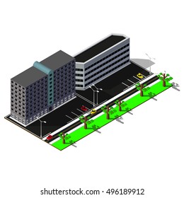 Isometric district. 3d buildings and road markings. Isometric map elements.