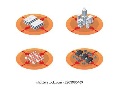 Isometric district zoning urbanization. City expand concept. vector illustration