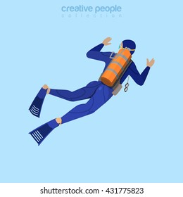 Isometric diver in aqualung back view. Flat 3d isometry style. Creative people collection.