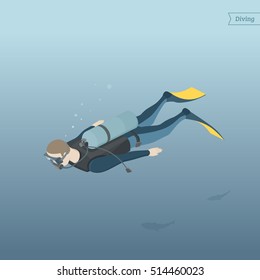 Isometric diver under water. Extreme sport. Scuba diver floating with fish. Vector illustration.