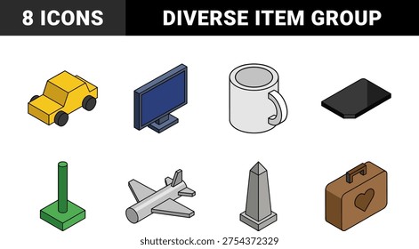 Isometric diverse object collection with travel and technology elements