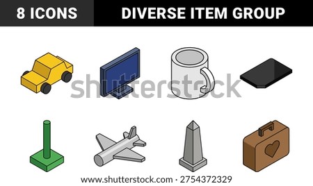 Isometric diverse object collection with travel and technology elements