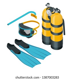 Isometric Diving equipment. Aqualung mask tube and flippers for diving vector illustration isolated on white background. A set of Scuba gear set up.