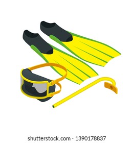 Isometric Diving equipment. Aqualung mask tube and flippers for diving vector illustration isolated on white background. A set of Scuba gear set up.