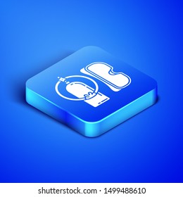 Isometric Diving mask and aqualung icon isolated on blue background. Oxygen tank for diver. Extreme sport. Sport equipment. Blue square button. Vector Illustration