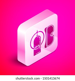 Isometric Diving mask and aqualung icon isolated on pink background. Oxygen tank for diver. Extreme sport. Sport equipment. Silver square button. Vector Illustration