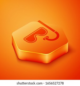 Isometric Diving mask and snorkel icon isolated on orange background. Extreme sport. Diving underwater equipment. Orange hexagon button. Vector Illustration