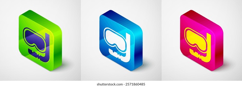 Isometric Diving mask and snorkel icon isolated on grey background. Extreme sport. Diving underwater equipment. Square button. Vector