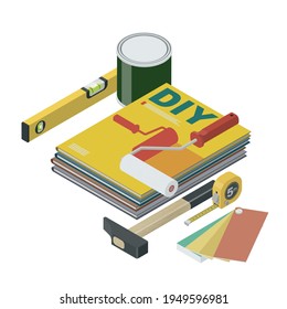 Herramientas de bricolaje isométrico y montón de manuales sobre fondo blanco