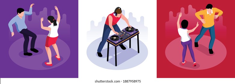 Isometric dj design concept with square compositions of playing disk jockey and people dancing on dancefloor vector illustration